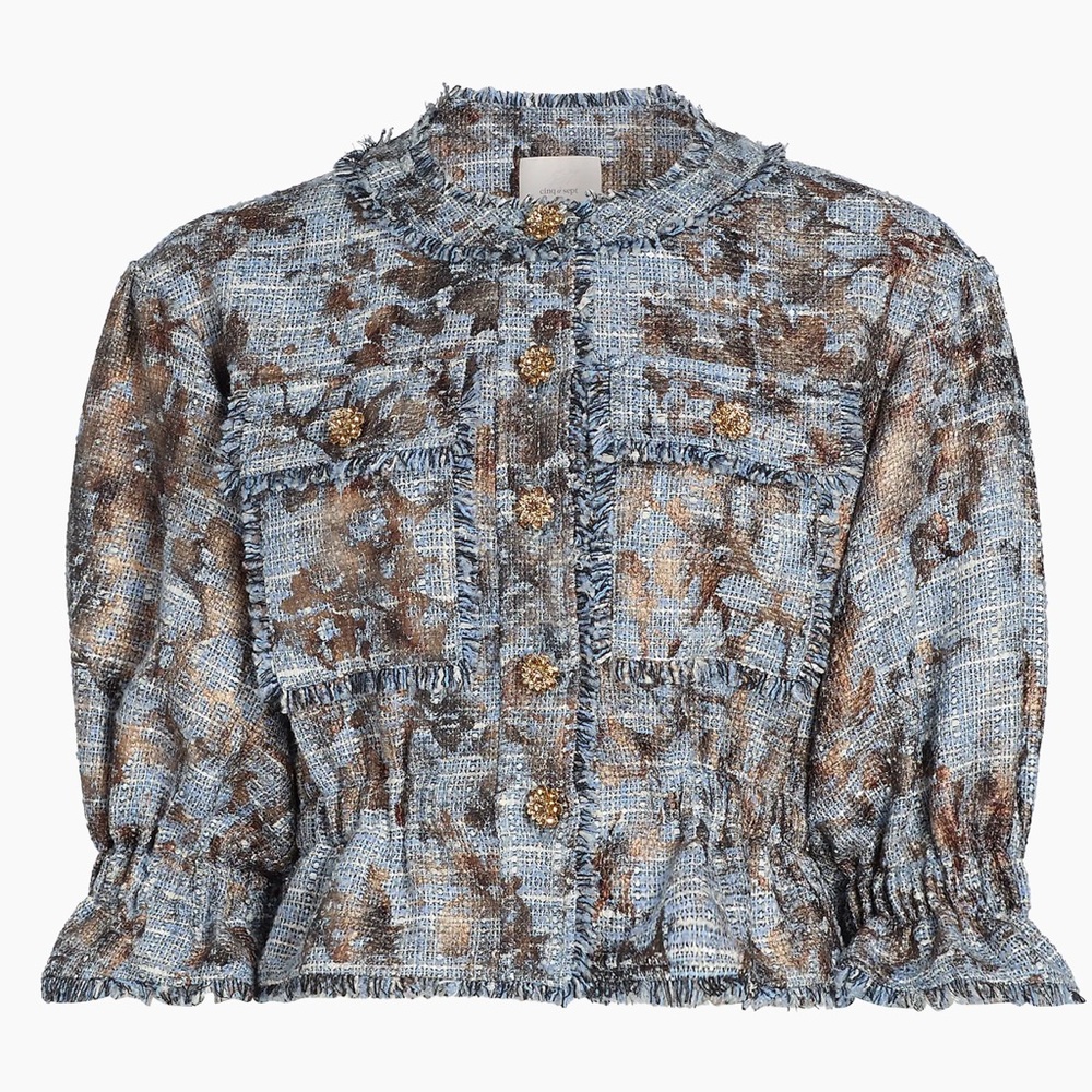 Cinq a Sept Jaxie Foil-Print Tweed Crop Jacket- in Silver